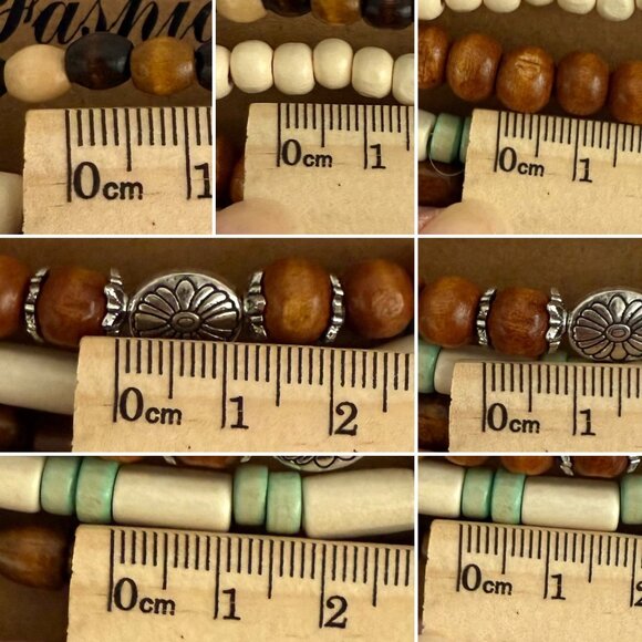 Set Of 5 Wooden Beaded Stretch Bracelets Mixed Natural Colors Bohemian Jewelry - Picture 3 of 8